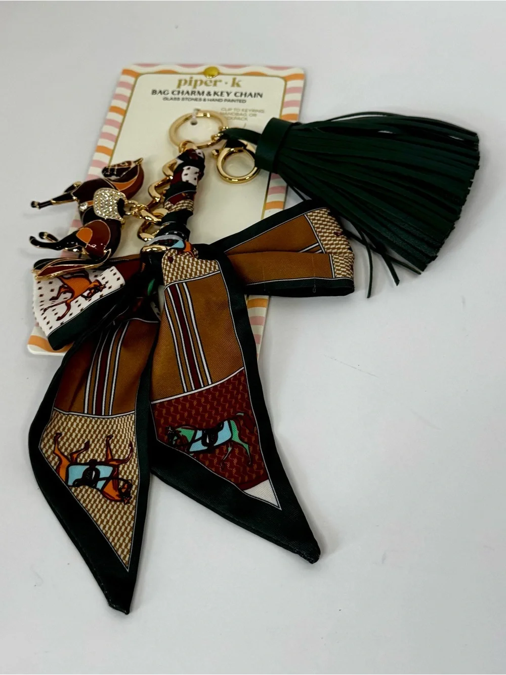 Piper K Dark Green Tassel & Equestrian Scarf Keychain